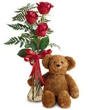 Triple Rose Vase & Teddy Bear